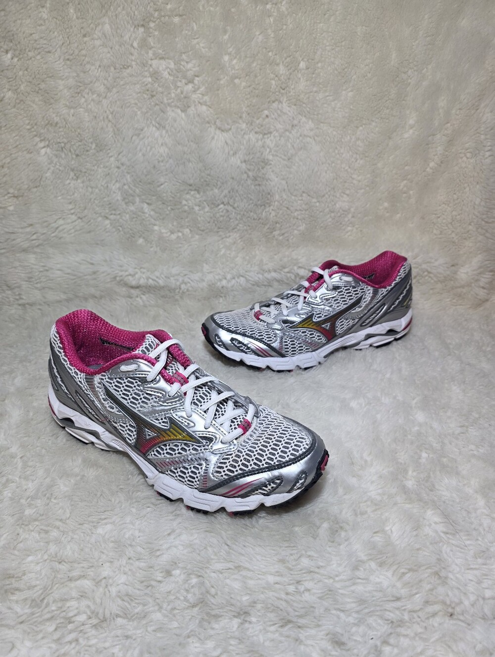 Mizuno Wave Rider 14 Metallic Silver Pink Running Shoes Sneakers Women 8.5